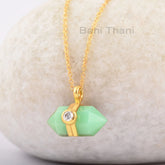 Chrysoprase 7x15mm Hexagonal Gemstone Necklace, 925 Silver Gold Plated Necklace, Anniversary Gift Necklace, Vintage Necklace Jewelry For Mom